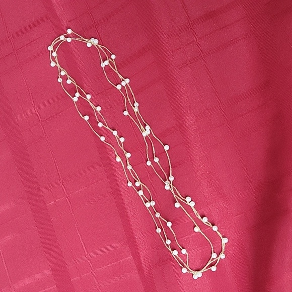 Beaded Sweater Necklace. Faux Pearl Beads. Delicate Gold Metallic Thread - Picture 6 of 8